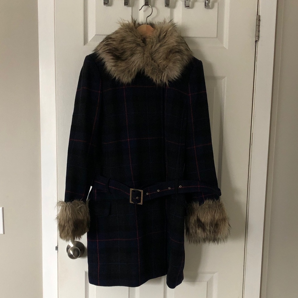 Juice Couture Classic Plaid Faux Fur Trimmed wool blend Women's Coat M